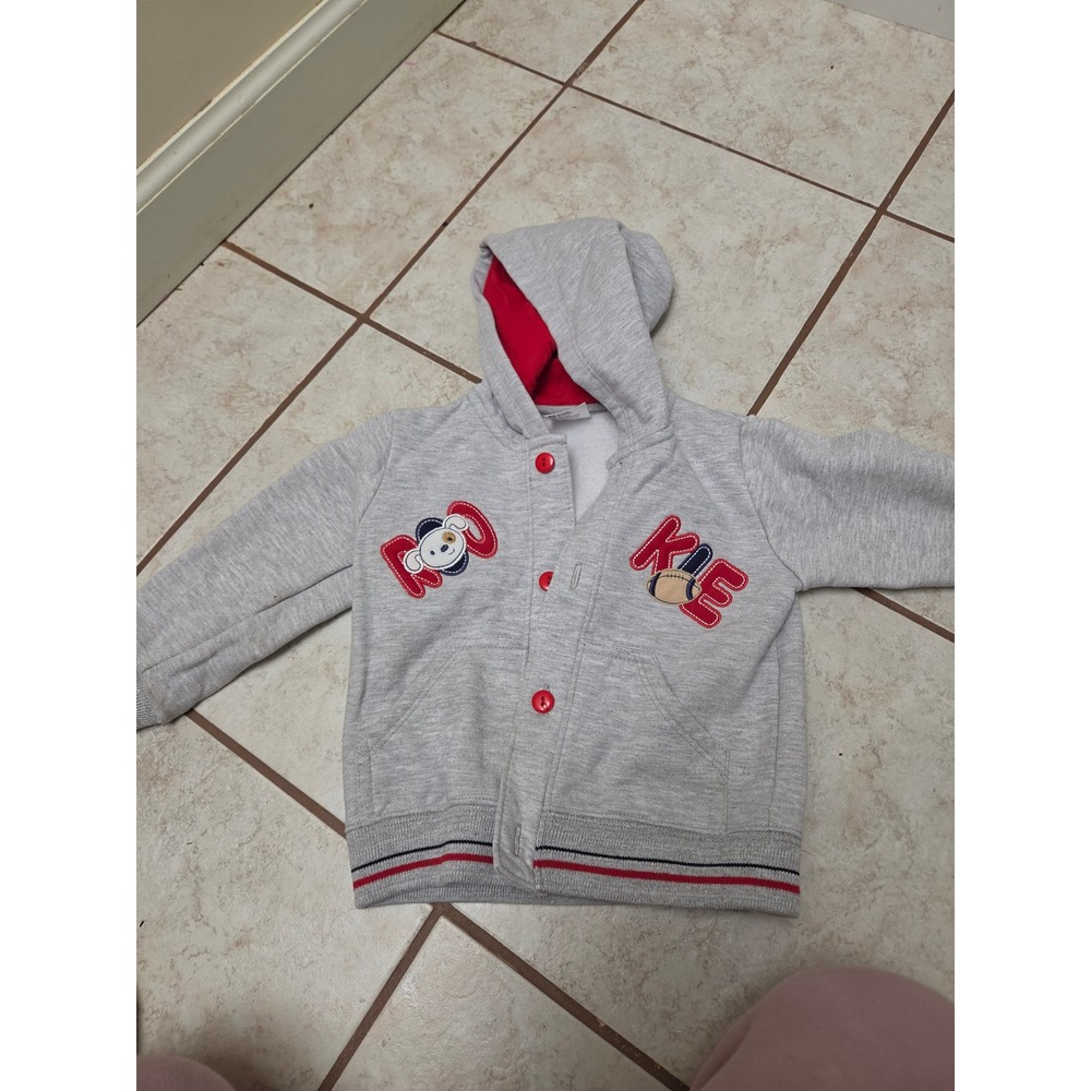 Baby Narca Gray Hooded Button Up Sweatshirt Red Accents Dog Football  Size 3
